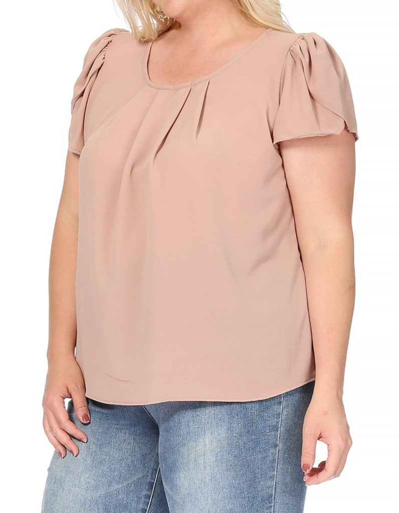 Women's Plus Size Casual Solid Pleated Front Petal Cap Sleeve Round Neck Blouse FashionJOA