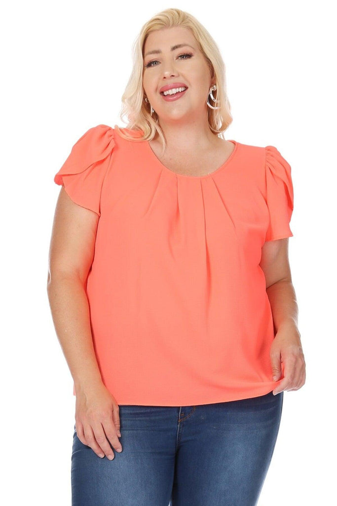 Women's Plus Size Casual Solid Pleated Front Petal Cap Sleeve Round Neck Blouse FashionJOA