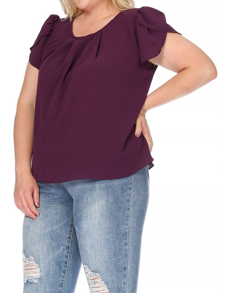 Women's Plus Size Casual Solid Pleated Front Petal Cap Sleeve Round Neck Blouse FashionJOA