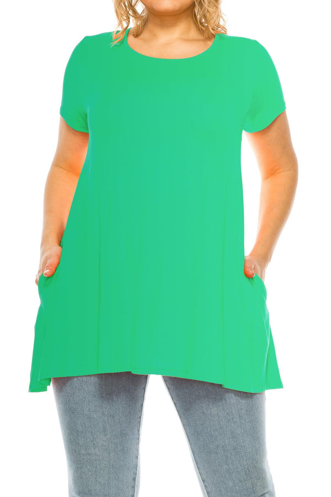 Women's Plus Size Casual Solid Short Sleeve Round Neck Tunic Tops with Side Pockets FashionJOA