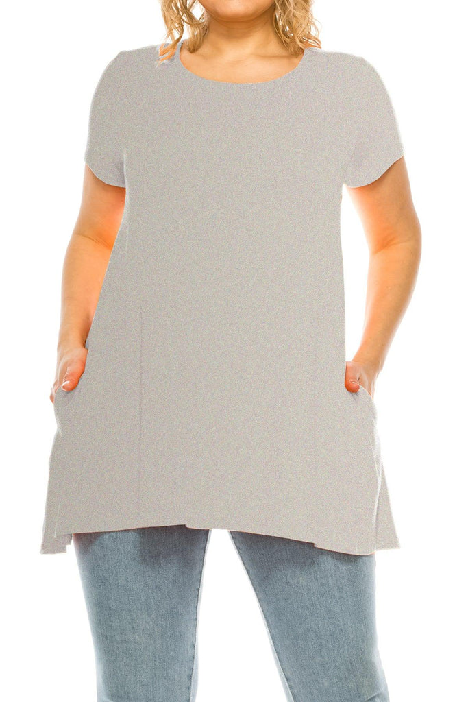 Women's Plus Size Casual Solid Short Sleeve Round Neck Tunic Tops with Side Pockets FashionJOA