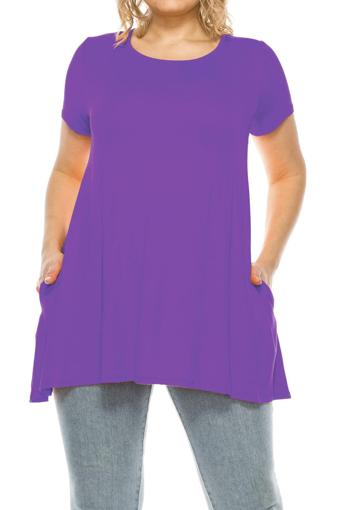 Women's Plus Size Casual Solid Short Sleeve Round Neck Tunic Tops with Side Pockets FashionJOA