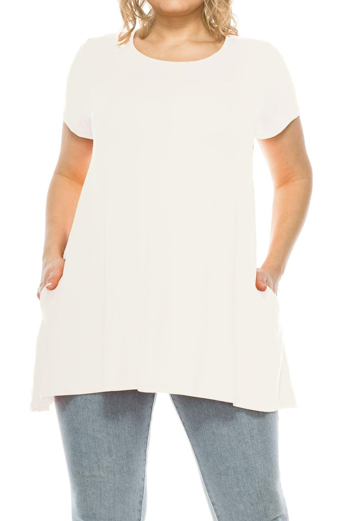 Women's Plus Size Casual Solid Short Sleeve Round Neck Tunic Tops with Side Pockets FashionJOA