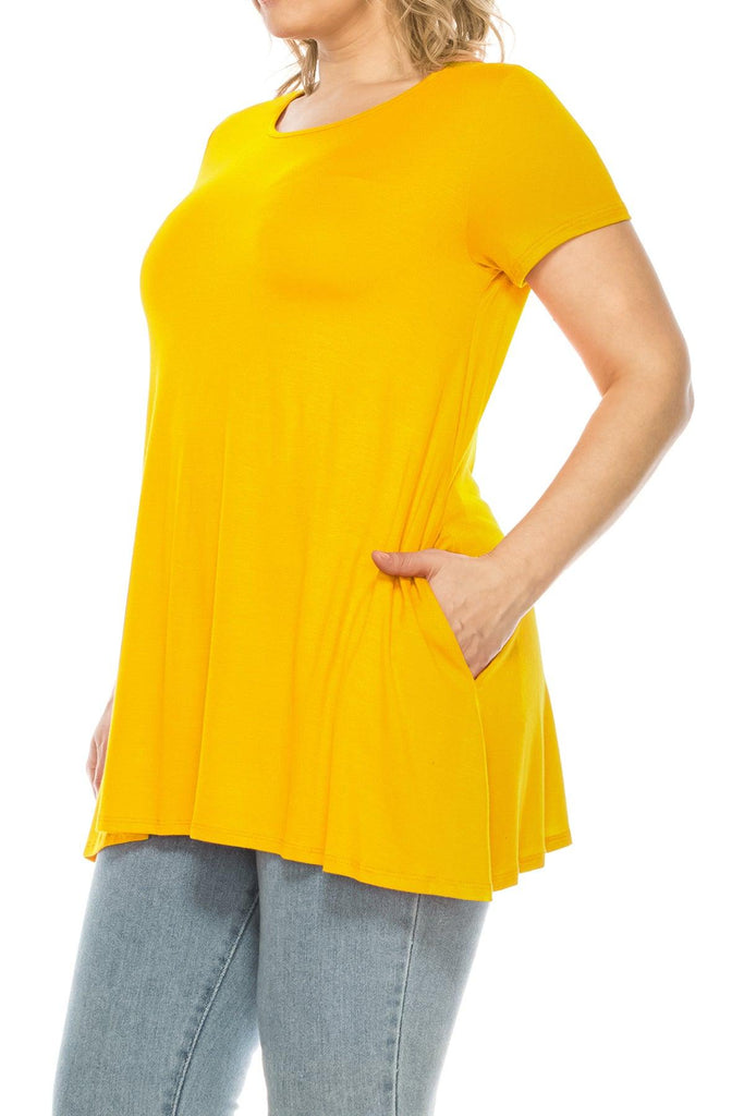 Women's Plus Size Casual Solid Short Sleeve Round Neck Tunic Tops with Side Pockets FashionJOA