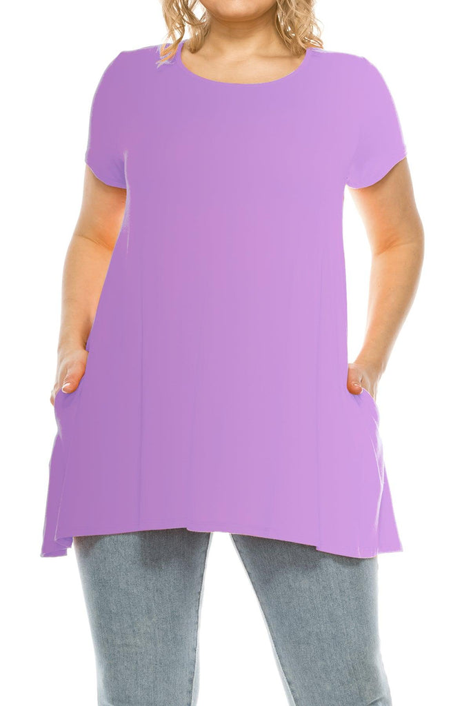 Women's Plus Size Casual Solid Short Sleeve Round Neck Tunic Tops with Side Pockets FashionJOA