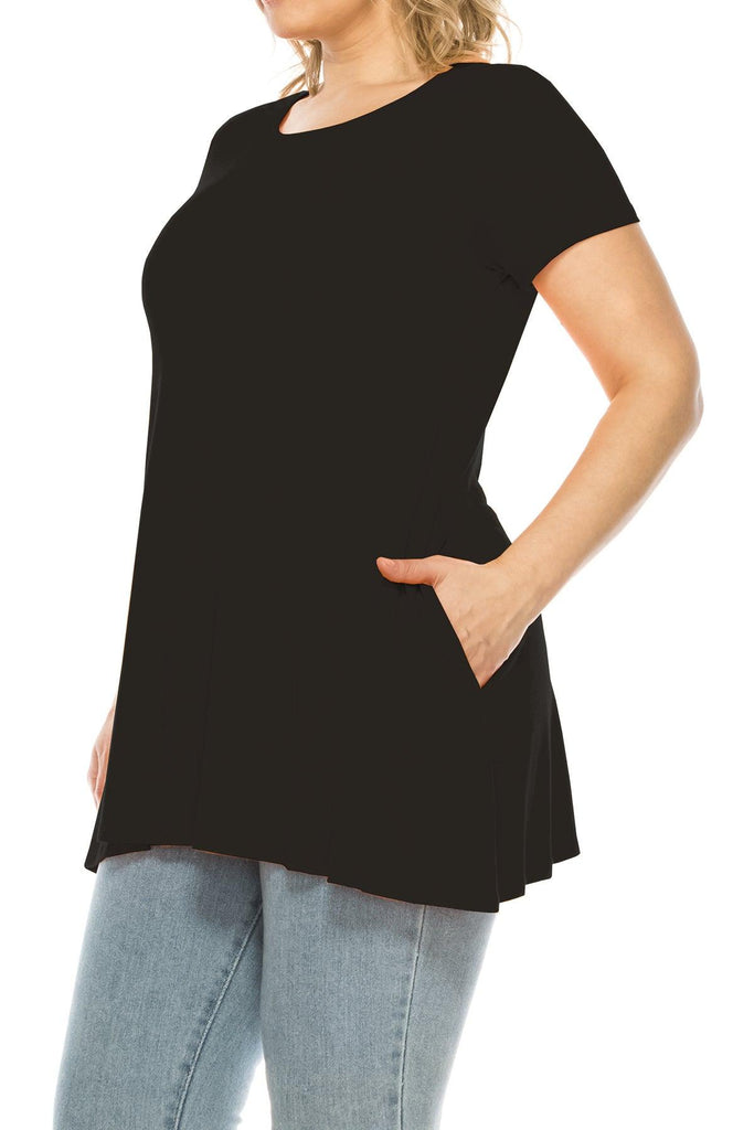 Women's Plus Size Casual Solid Short Sleeve Round Neck Tunic Tops with Side Pockets FashionJOA