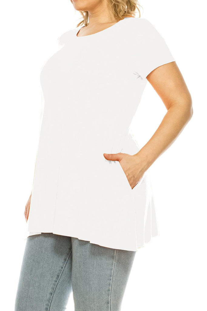 Women's Plus Size Casual Solid Short Sleeve Round Neck Tunic Tops with Side Pockets FashionJOA