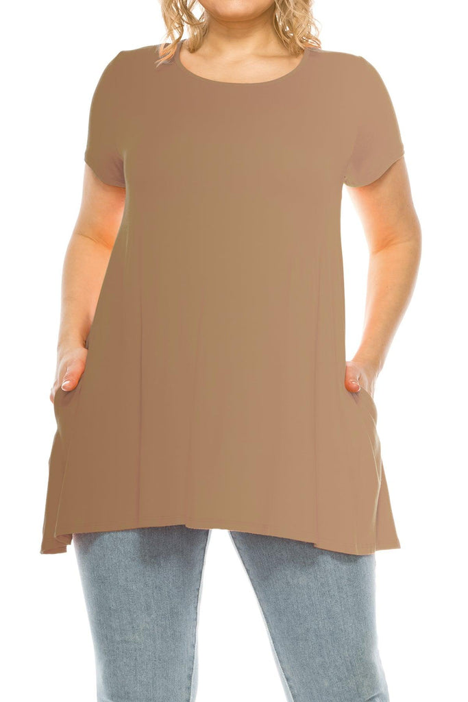 Women's Plus Size Casual Solid Short Sleeve Round Neck Tunic Tops with Side Pockets FashionJOA