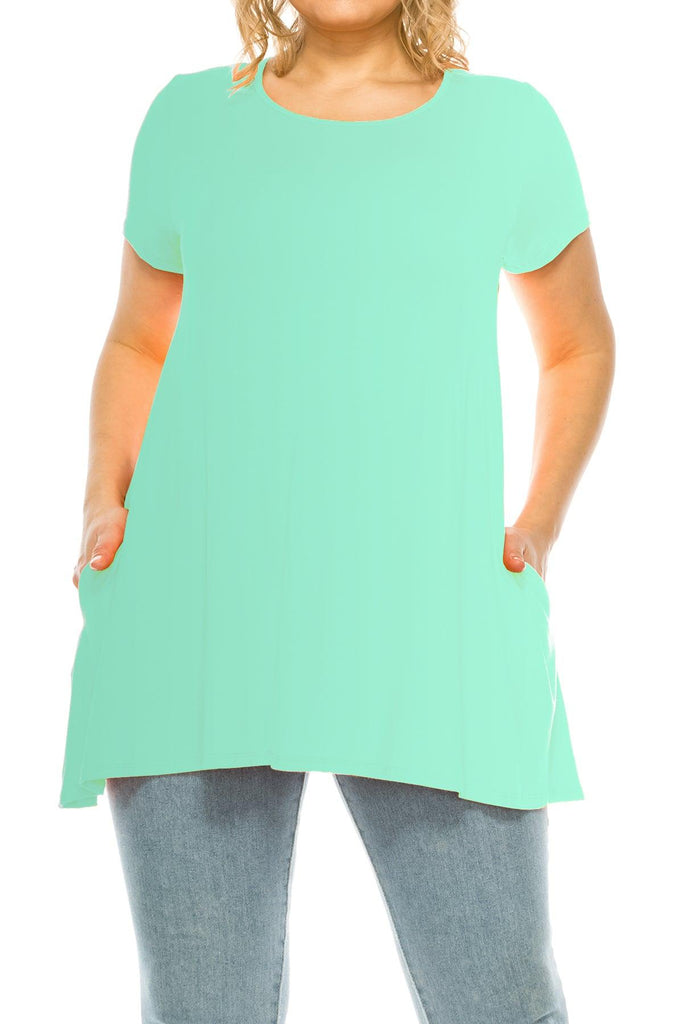 Women's Plus Size Casual Solid Short Sleeve Round Neck Tunic Tops with Side Pockets FashionJOA