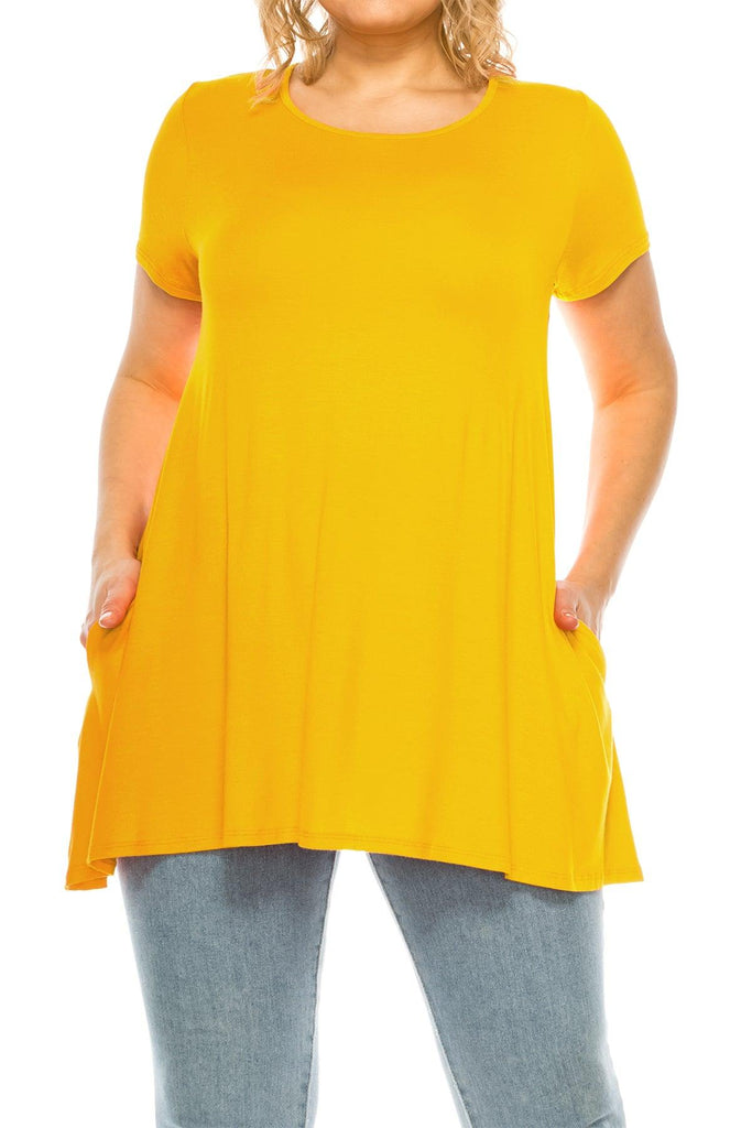 Women's Plus Size Casual Solid Short Sleeve Round Neck Tunic Tops with Side Pockets FashionJOA