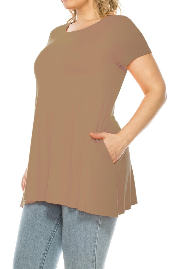 Women's Plus Size Casual Solid Short Sleeve Round Neck Tunic Tops with Side Pockets FashionJOA