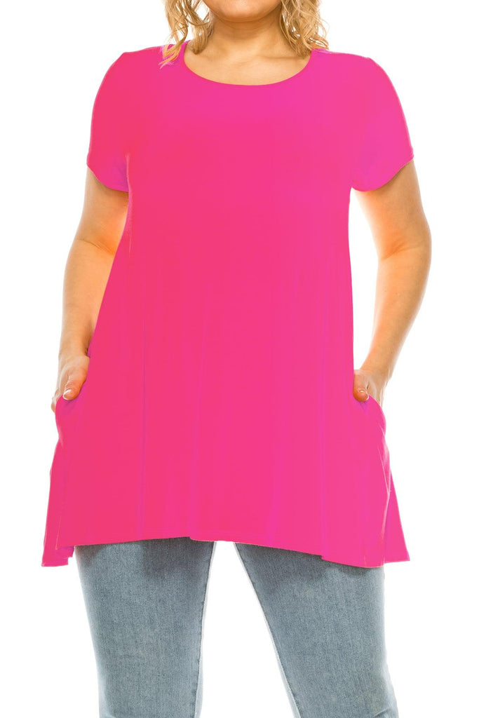 Women's Plus Size Casual Solid Short Sleeve Round Neck Tunic Tops with Side Pockets FashionJOA