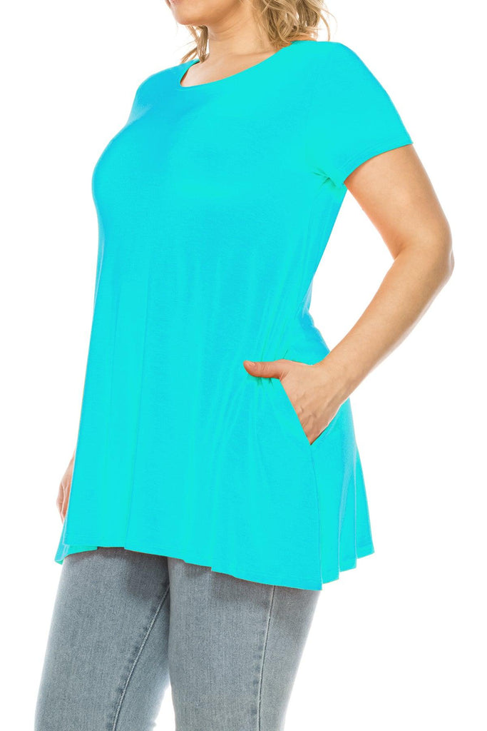 Women's Plus Size Casual Solid Short Sleeve Round Neck Tunic Tops with Side Pockets FashionJOA