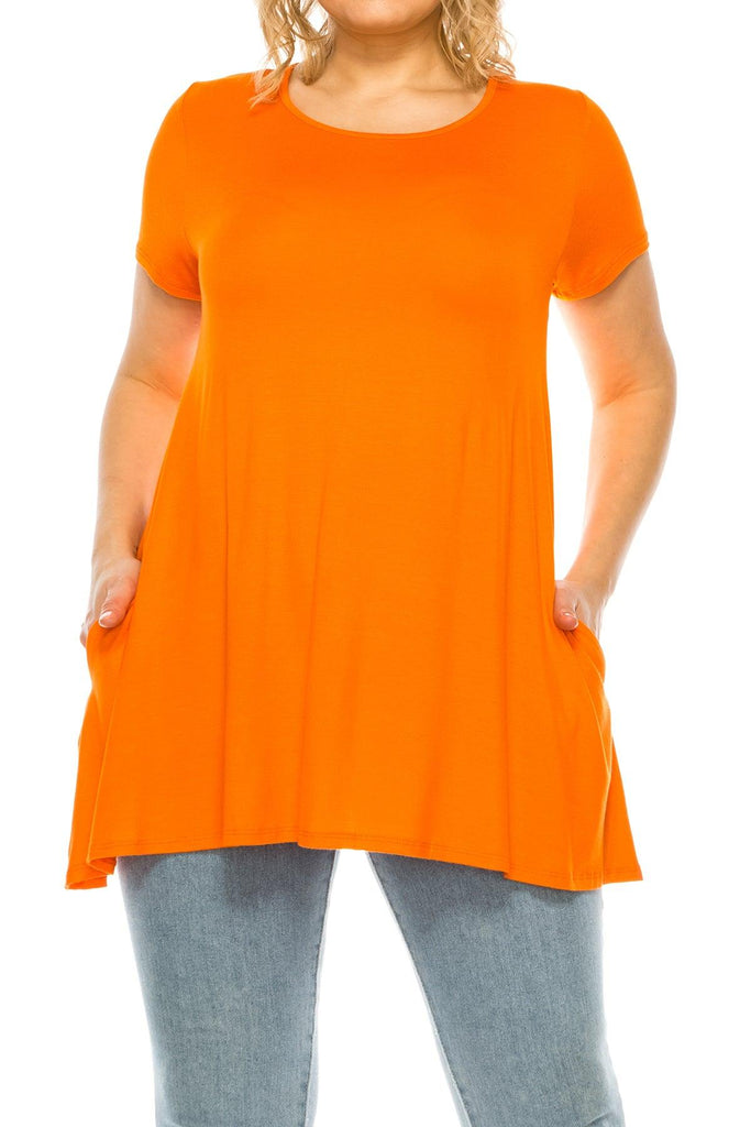 Women's Plus Size Casual Solid Short Sleeve Round Neck Tunic Tops with Side Pockets FashionJOA