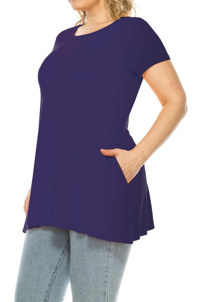 Women's Plus Size Casual Solid Short Sleeve Round Neck Tunic Tops with Side Pockets FashionJOA