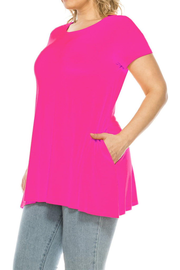 Women's Plus Size Casual Solid Short Sleeve Round Neck Tunic Tops with Side Pockets FashionJOA