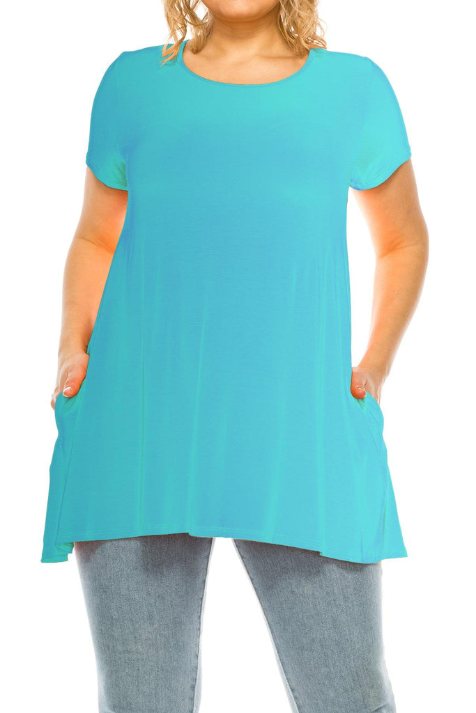 Women's Plus Size Casual Solid Short Sleeve Round Neck Tunic Tops with Side Pockets FashionJOA