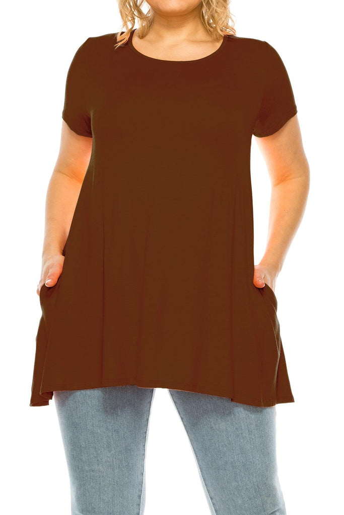 Women's Plus Size Casual Solid Short Sleeve Round Neck Tunic Tops with Side Pockets FashionJOA