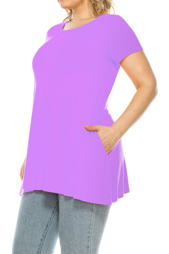 Women's Plus Size Casual Solid Short Sleeve Round Neck Tunic Tops with Side Pockets FashionJOA