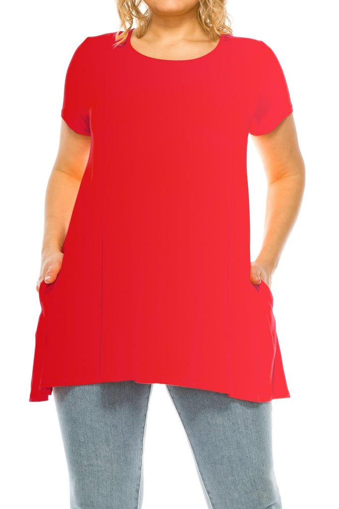 Women's Plus Size Casual Solid Short Sleeve Round Neck Tunic Tops with Side Pockets FashionJOA