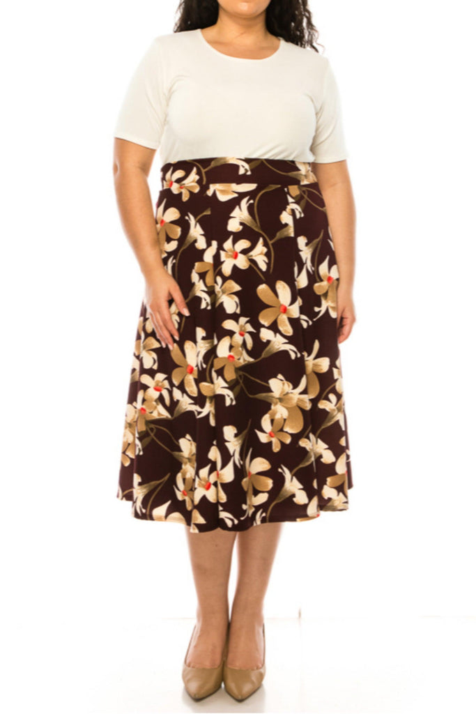 Women's Plus Size Classic Floral Print Flared Lightweight Midi A-line Skirt FashionJOA