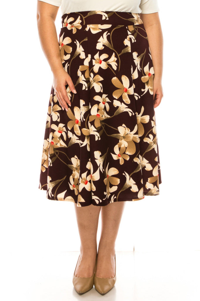 Women's Plus Size Classic Floral Print Flared Lightweight Midi A-line Skirt FashionJOA