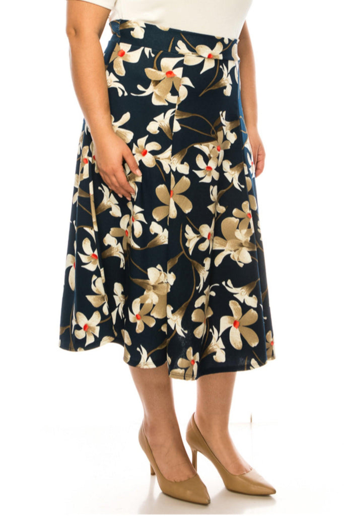 Women's Plus Size Classic Floral Print Flared Lightweight Midi A-line Skirt FashionJOA