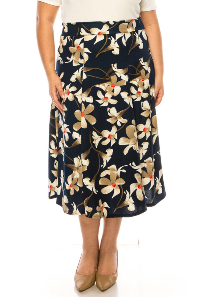 Women's Plus Size Classic Floral Print Flared Lightweight Midi A-line Skirt FashionJOA