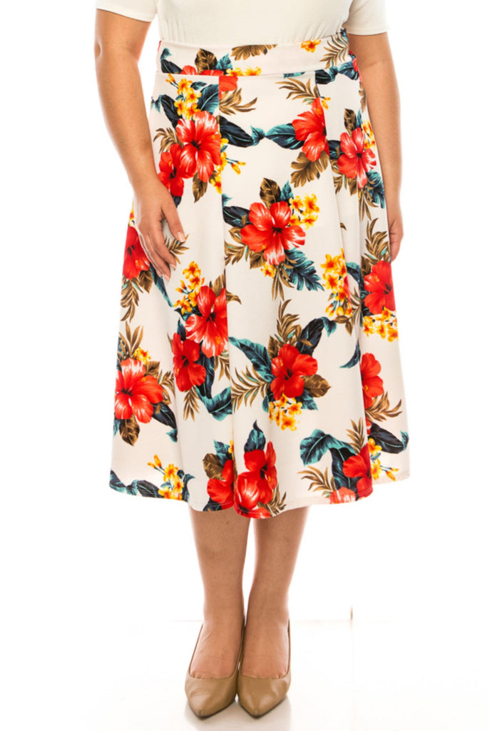 Women's Plus Size Classic Floral Print Flared Lightweight Midi A-line Skirt FashionJOA