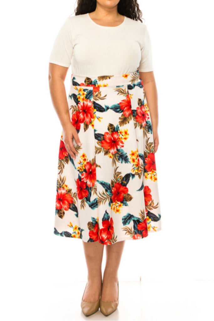 Women's Plus Size Classic Floral Print Flared Lightweight Midi A-line Skirt FashionJOA