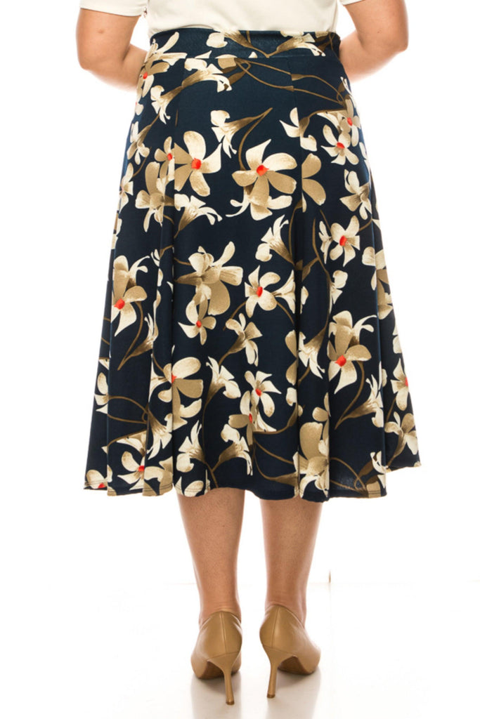 Women's Plus Size Classic Floral Print Flared Lightweight Midi A-line Skirt FashionJOA