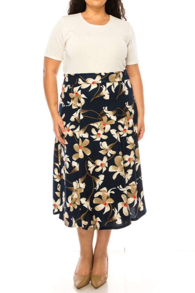 Women's Plus Size Classic Floral Print Flared Lightweight Midi A-line Skirt FashionJOA