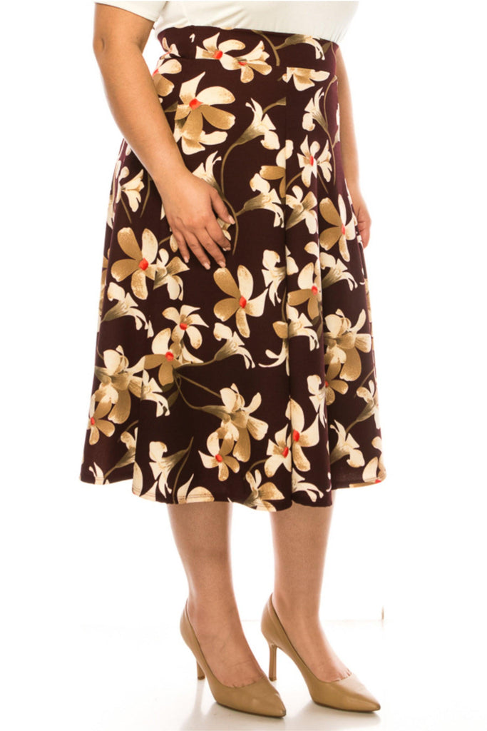 Women's Plus Size Classic Floral Print Flared Lightweight Midi A-line Skirt FashionJOA