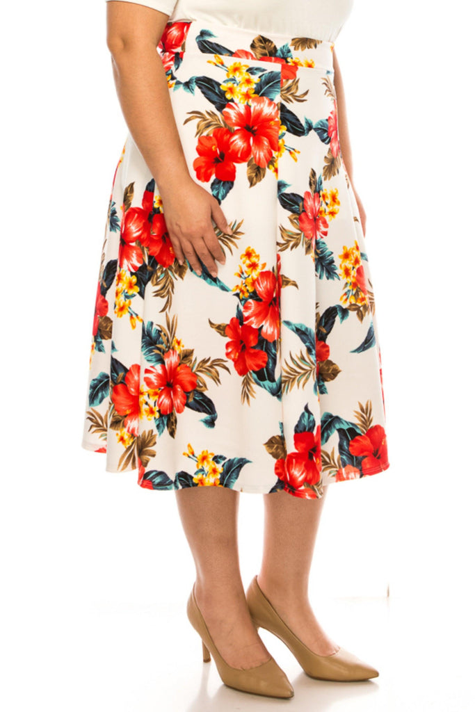 Women's Plus Size Classic Floral Print Flared Lightweight Midi A-line Skirt FashionJOA