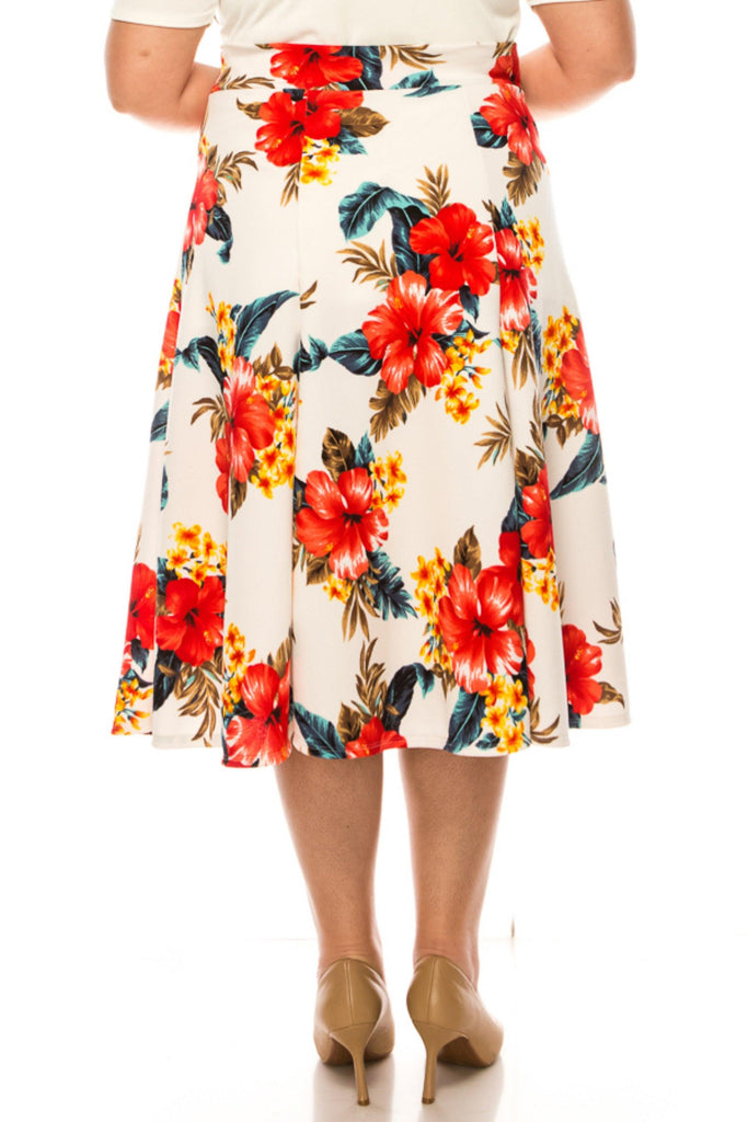 Women's Plus Size Classic Floral Print Flared Lightweight Midi A-line Skirt FashionJOA