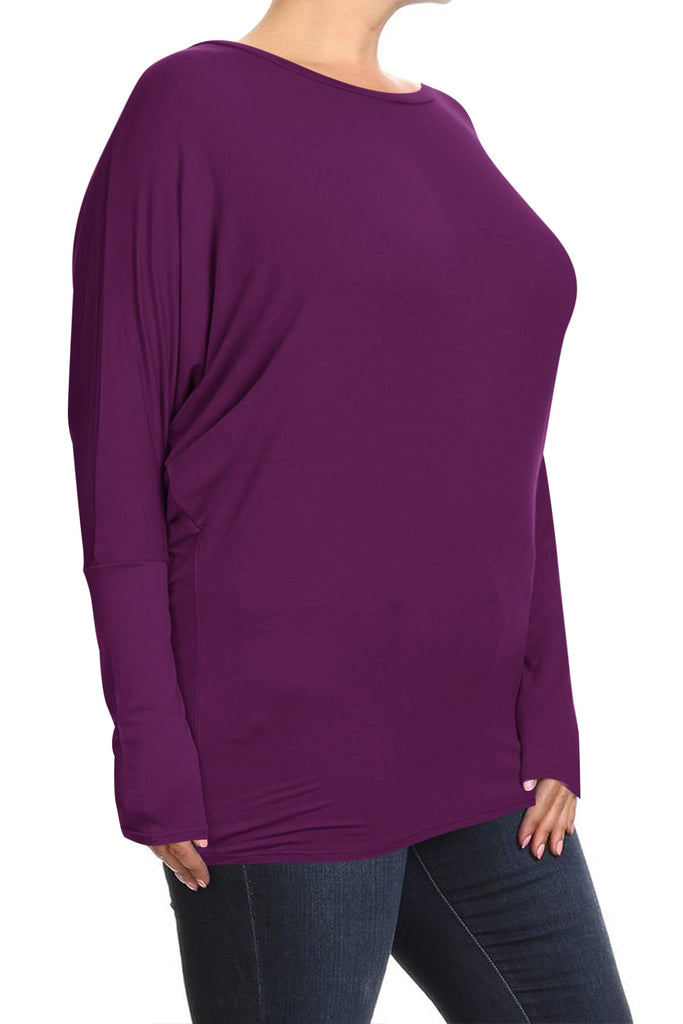 Women's Plus Size Dolman Long Sleeve Solid Loose Fit Tunic Top FashionJOA