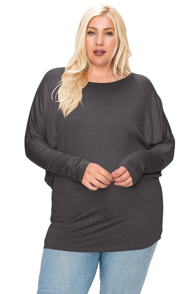 Women's Plus Size Dolman Long Sleeve Solid Loose Fit Tunic Top FashionJOA