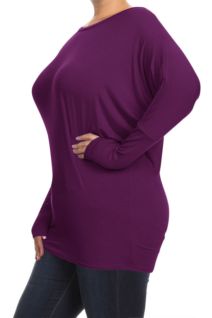 Women's Plus Size Dolman Long Sleeve Solid Loose Fit Tunic Top FashionJOA