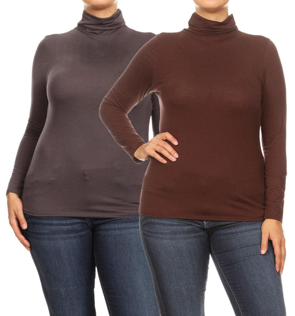 Women's Plus Size Fitted Long Sleeve Solid Turtleneck Sweater (Pack of 2) FashionJOA