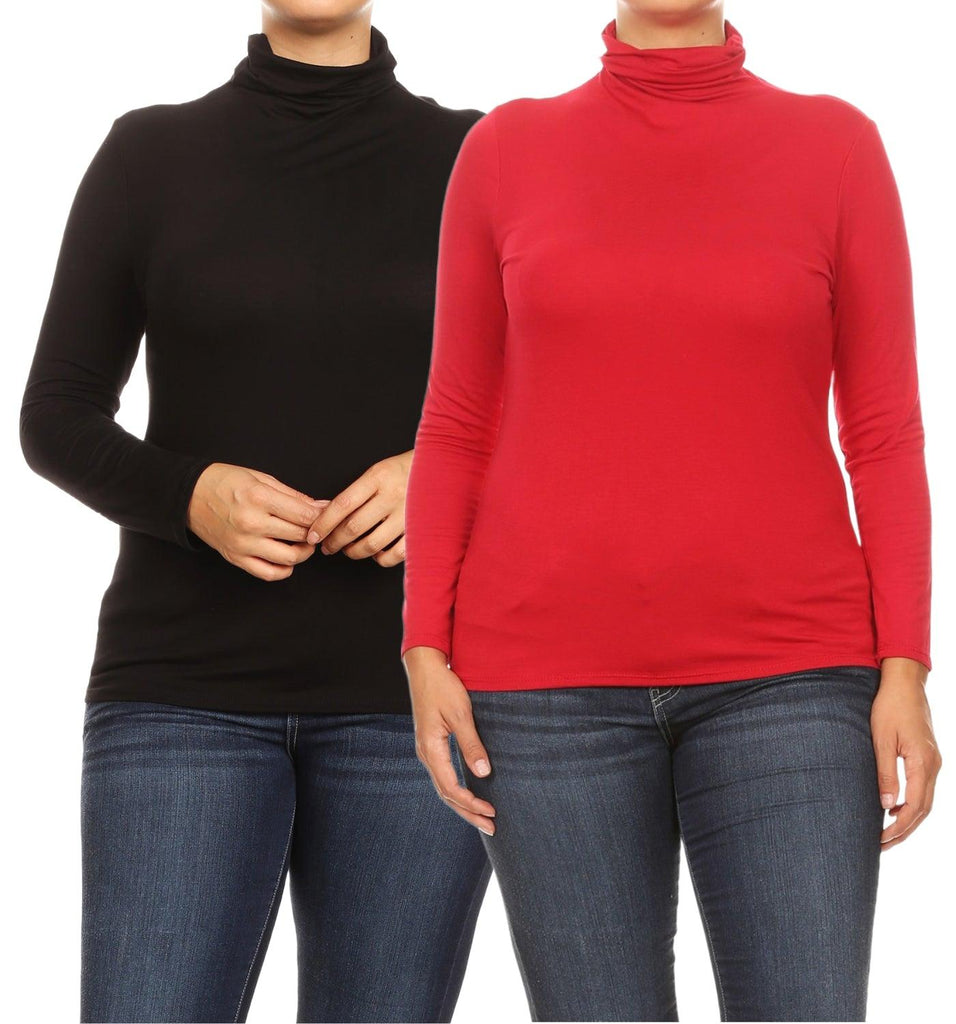 Women's Plus Size Fitted Long Sleeve Solid Turtleneck Sweater (Pack of 2) FashionJOA