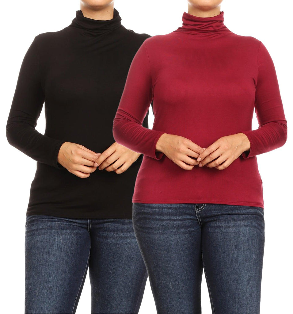 Women's Plus Size Fitted Long Sleeve Solid Turtleneck Sweater (Pack of 2) FashionJOA