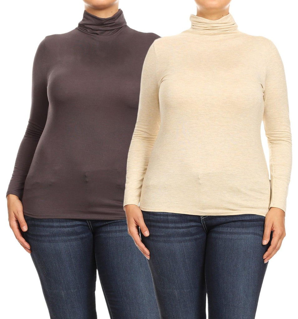 Women's Plus Size Fitted Long Sleeve Solid Turtleneck Sweater (Pack of 2) FashionJOA