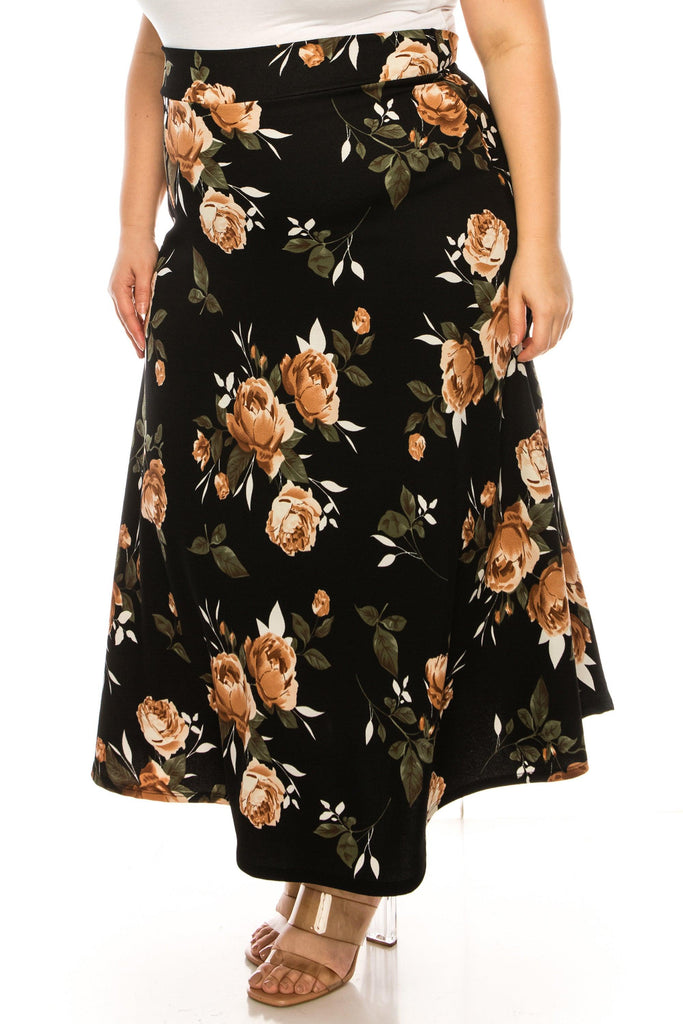 Women's Plus Size Floral Print Flare A-line Midi Skirt with Elastic Waistband FashionJOA