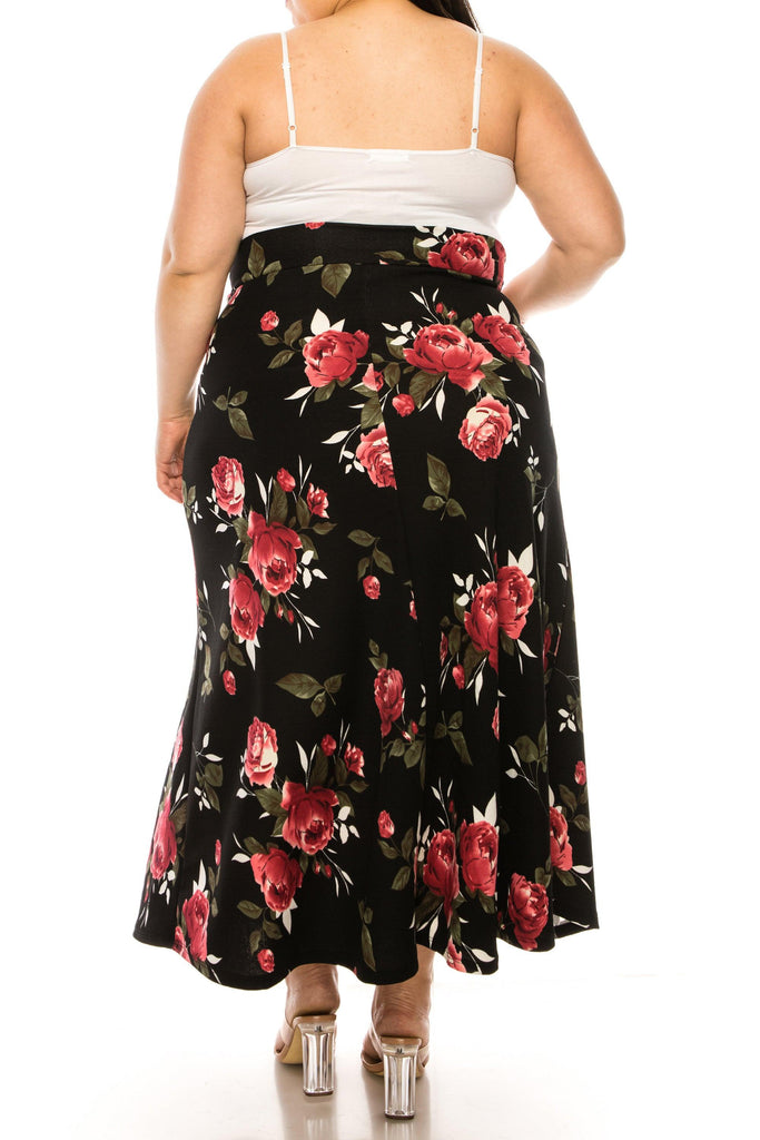 Women's Plus Size Floral Print Flare A-line Midi Skirt with Elastic Waistband FashionJOA