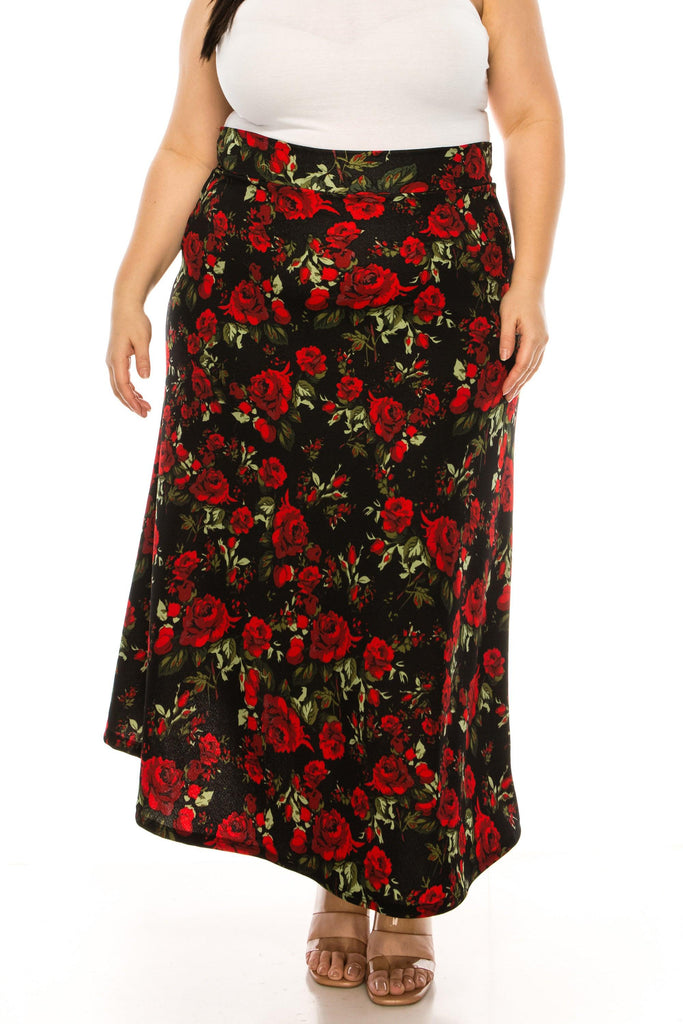 Women's Plus Size Floral Print Flare A-line Midi Skirt with Elastic Waistband FashionJOA