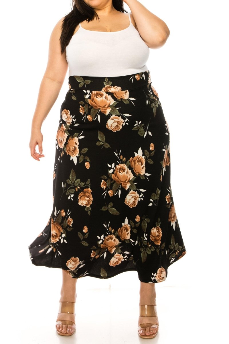 Women s Plus Size Floral Print Flare A line Midi Skirt FashionJOA women-s-plus-size-floral-print-flare-a-line-midi-skirt-fashionjoa