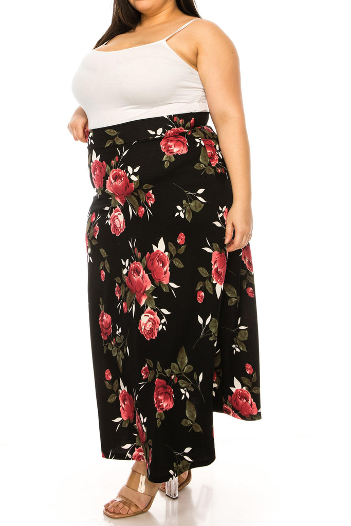 Women's Plus Size Floral Print Flare A-line Midi Skirt with Elastic Waistband FashionJOA