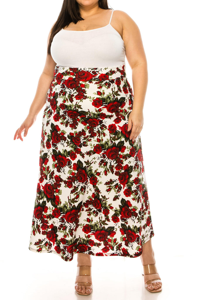 Women's Plus Size Floral Print Flare A-line Midi Skirt with Elastic Waistband FashionJOA