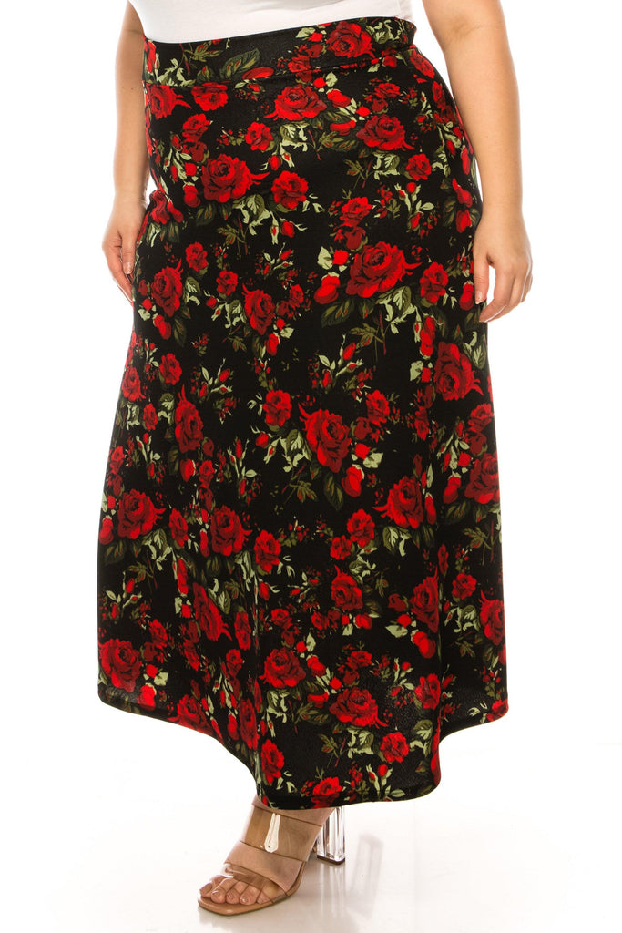 Women's Plus Size Floral Print Flare A-line Midi Skirt with Elastic Waistband FashionJOA