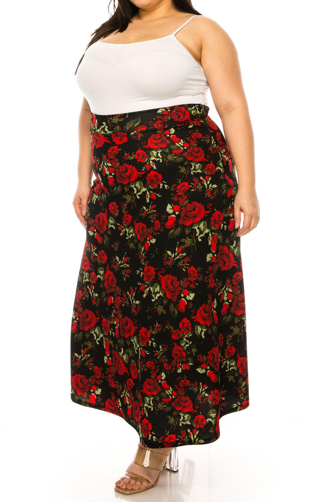 Women's Plus Size Floral Print Flare A-line Midi Skirt with Elastic Waistband FashionJOA